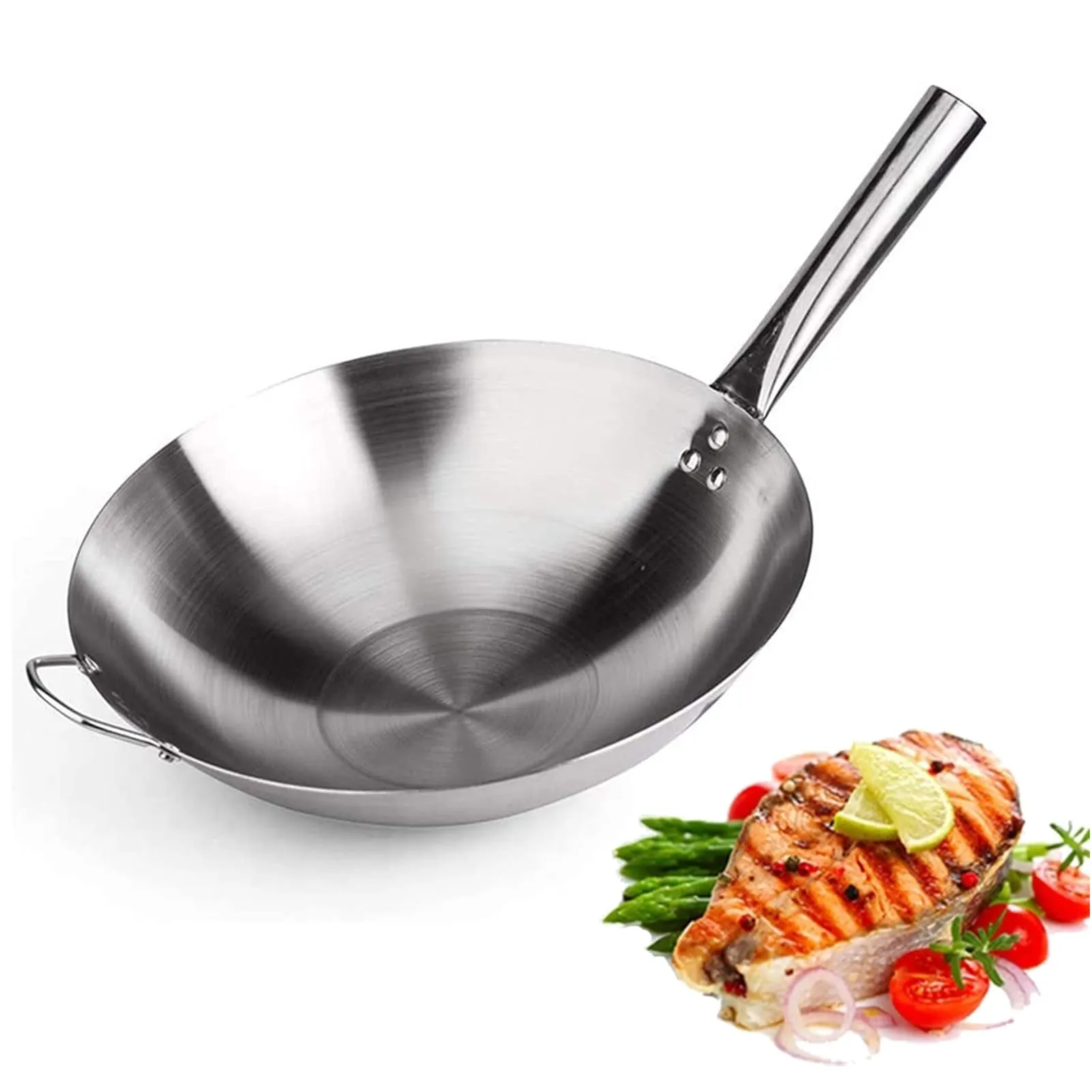 14-Inch Stainless Steel Wok Pan, Non-Stick Stir Fry Pans, Traditional Chinese Japanese Cooking