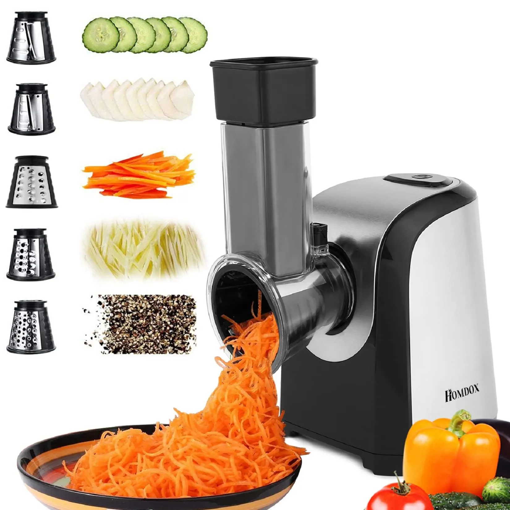 150W Electric Cheese Grater & Slicer, 5-in-1 Salad Maker with One-Touch Control, Silver/Black