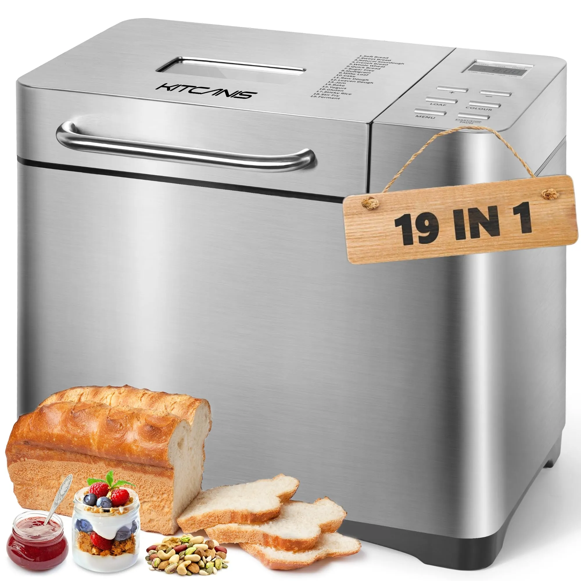 19-in-1 Automatic Bread Maker Machine 2.2LB Stainless Steel with Timer, Nonstick Pan, Recipes