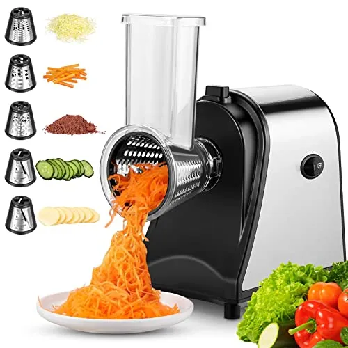 250W Electric Cheese Grater, 5-in-1 Slicer/Shredder for Veggies, Carrots, Zucchini, and Cheese