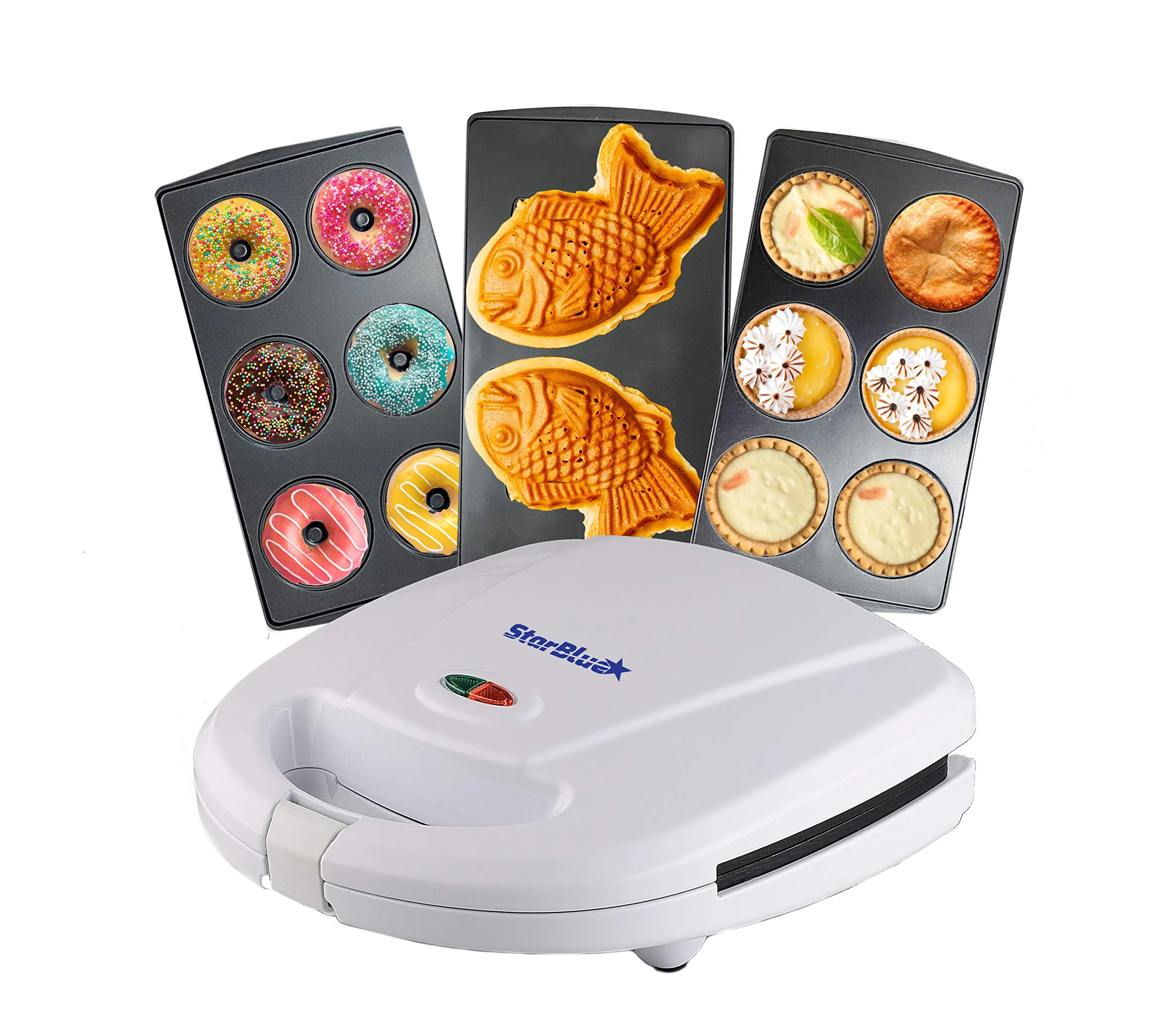 3-in-1 Mini-Donuts, Pie & Taiyaki Maker by StarBlue – Detachable Plates, Non-Stick, White, AC 110-120V