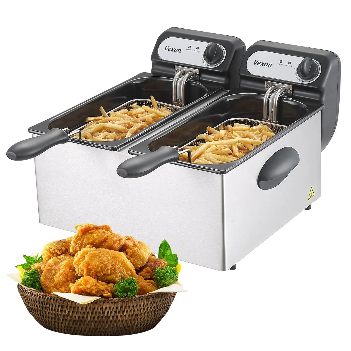 3000W Electric Commercial Deep Fryer, 2x3L Stainless Steel, Temperature Control, Overheat Protection