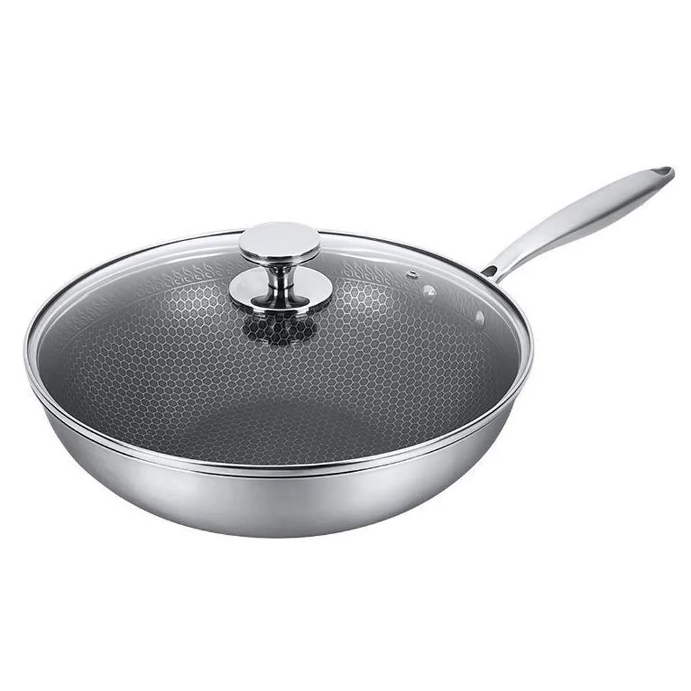 304 Stainless Steel Wok - Full Honeycomb No-Smoke Non-Stick Induction & Gas Stir-Fry Pot