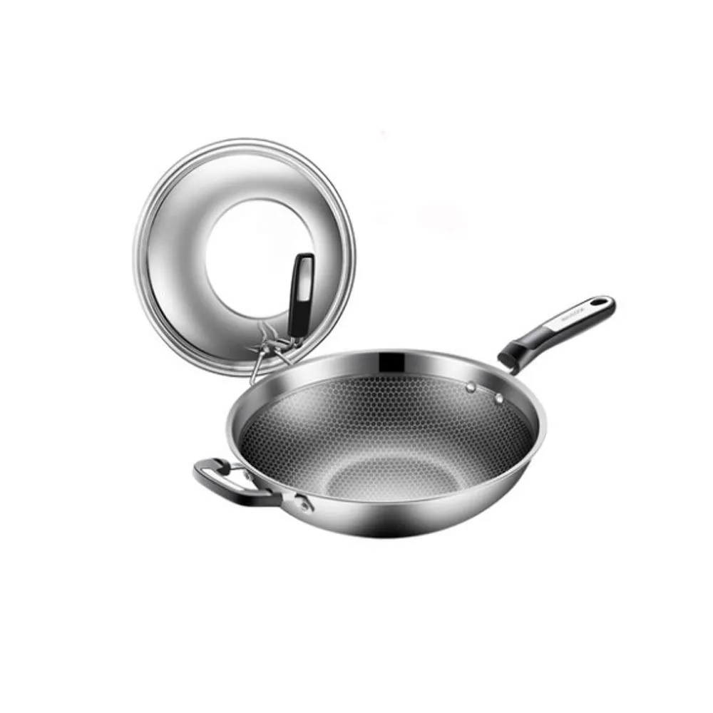 304 Stainless Steel Wok 58x9x32cm Non-Stick Induction Cooker with Tempered Glass Lid