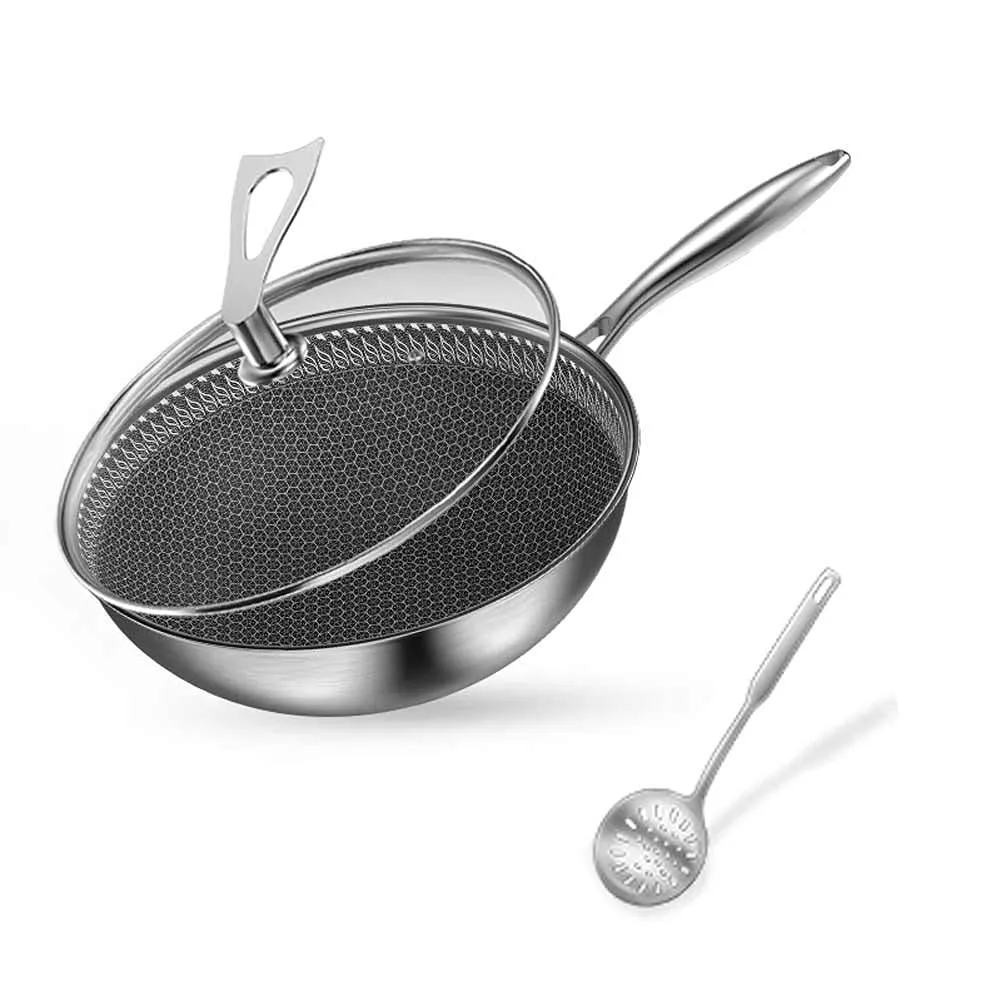 32CM Non-Stick Wok Pan, Stainless Steel Induction-Compatible, Perfect for Asian Stir-Fry Dishes