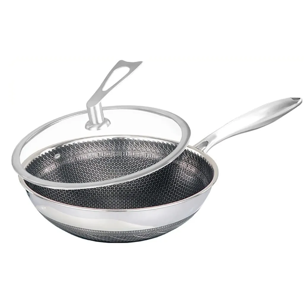 32cm Non-stick Wok with Lid, 304 Stainless Steel Double-sided Honeycomb Pan, Smokeless Induction