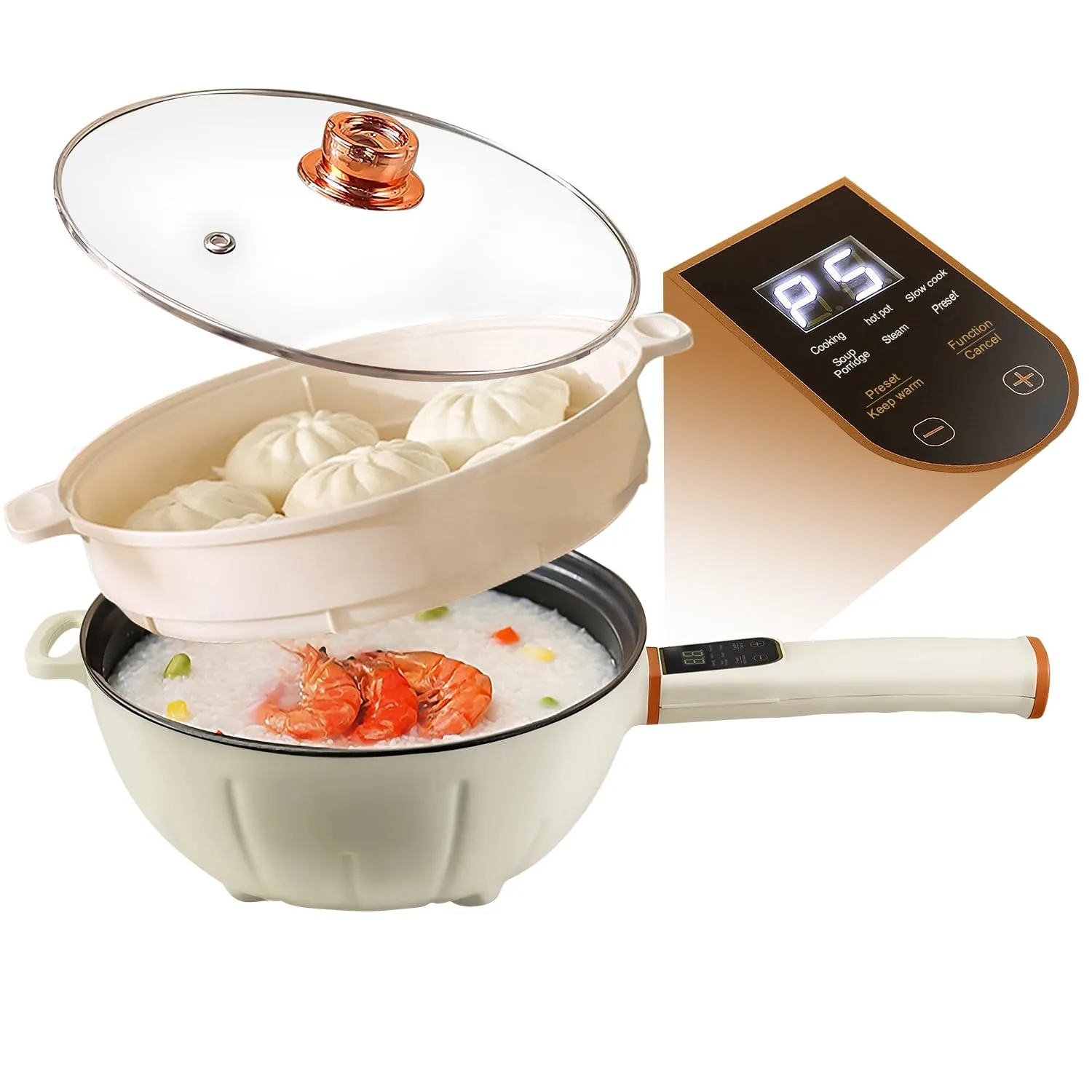 4L Smart Hot Pot 1000W Electric Skillet w/ Steamer, Non-Stick, Multi-Power & Timer Control