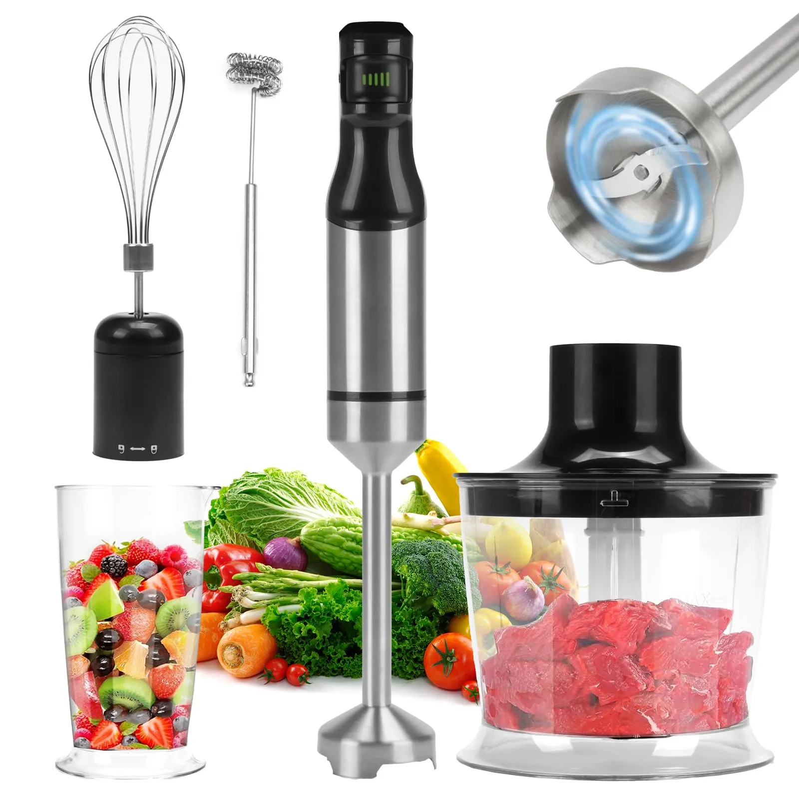 5-in-1 Immersion Blender, 800W Handheld Mixer with Stainless Steel Blade, Whisk, Grinder, 700ml