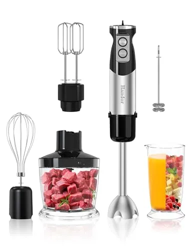 6-in-1 Hand Immersion Blender 1000W, 12-Speed with Beaker, Chopper, Whisk, and Frother