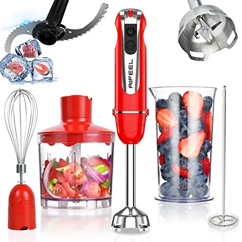 AIFEEL 4-in-1 Immersion Hand Blender with Ice Crusher, 500ml Chopper, 600ml Container, Red