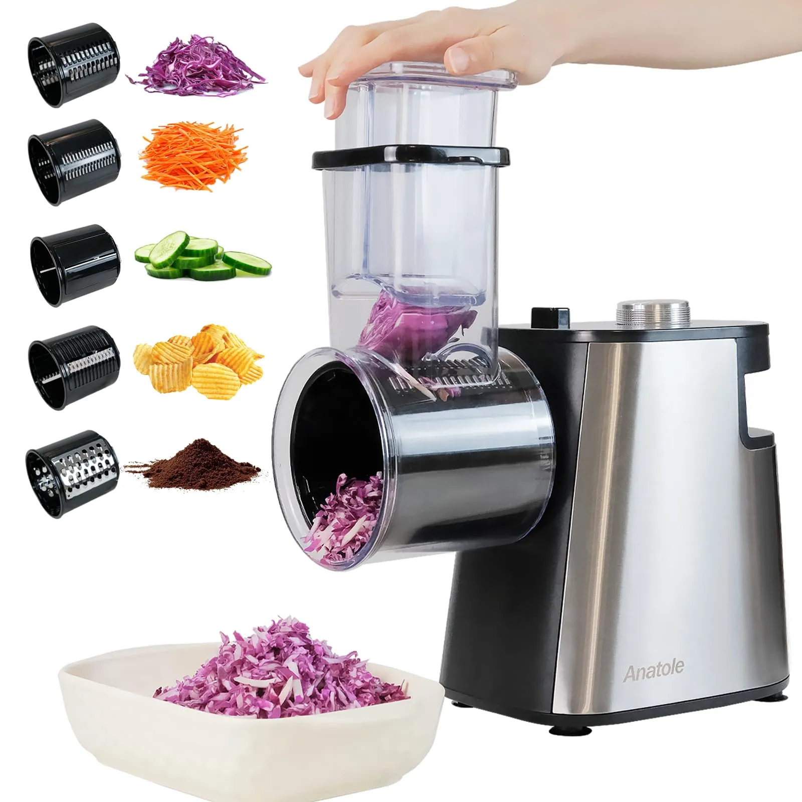 Anatole Electric Cheese Shredder 250W, Stainless Steel, 5 Blades, Large Diameter Grater, BPA-Free