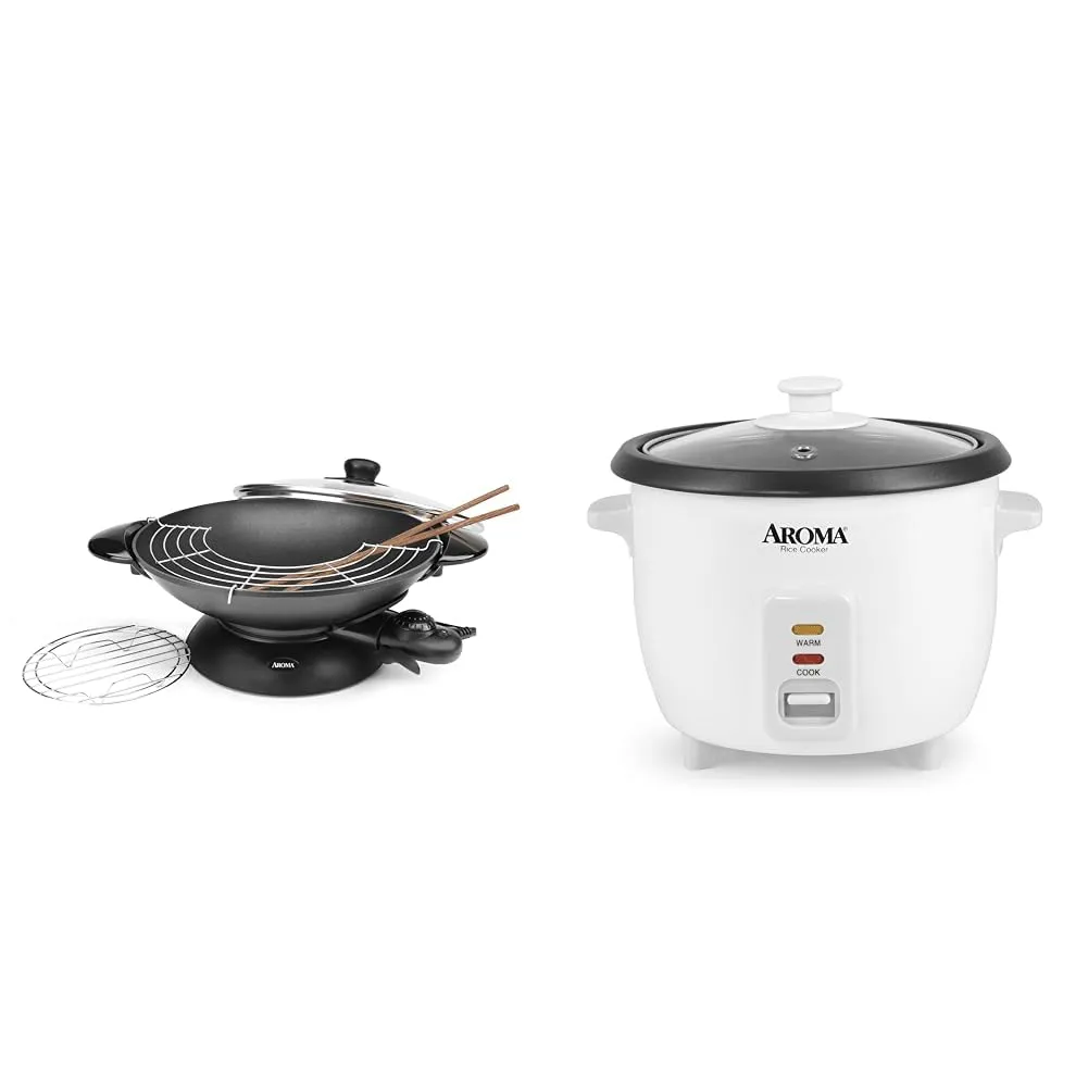 Aroma Housewares 5-Quart Electric Wok with Lid, Steaming Rack, Rice Cooker & Tempura Rack