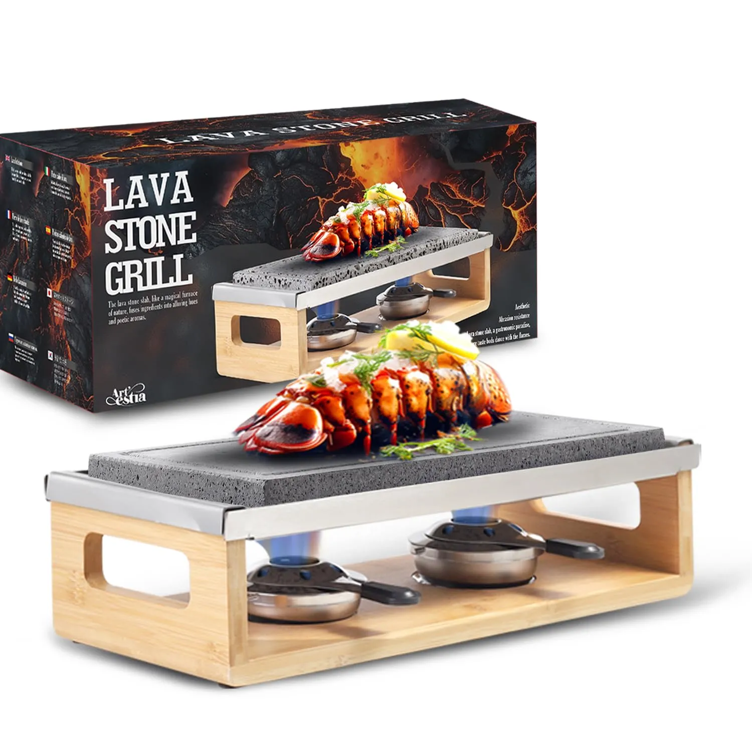 Artestia Steak Lava Stone Grill with Bamboo Stand, Smokeless BBQ, Fast Heating, 14.56'x6.69'