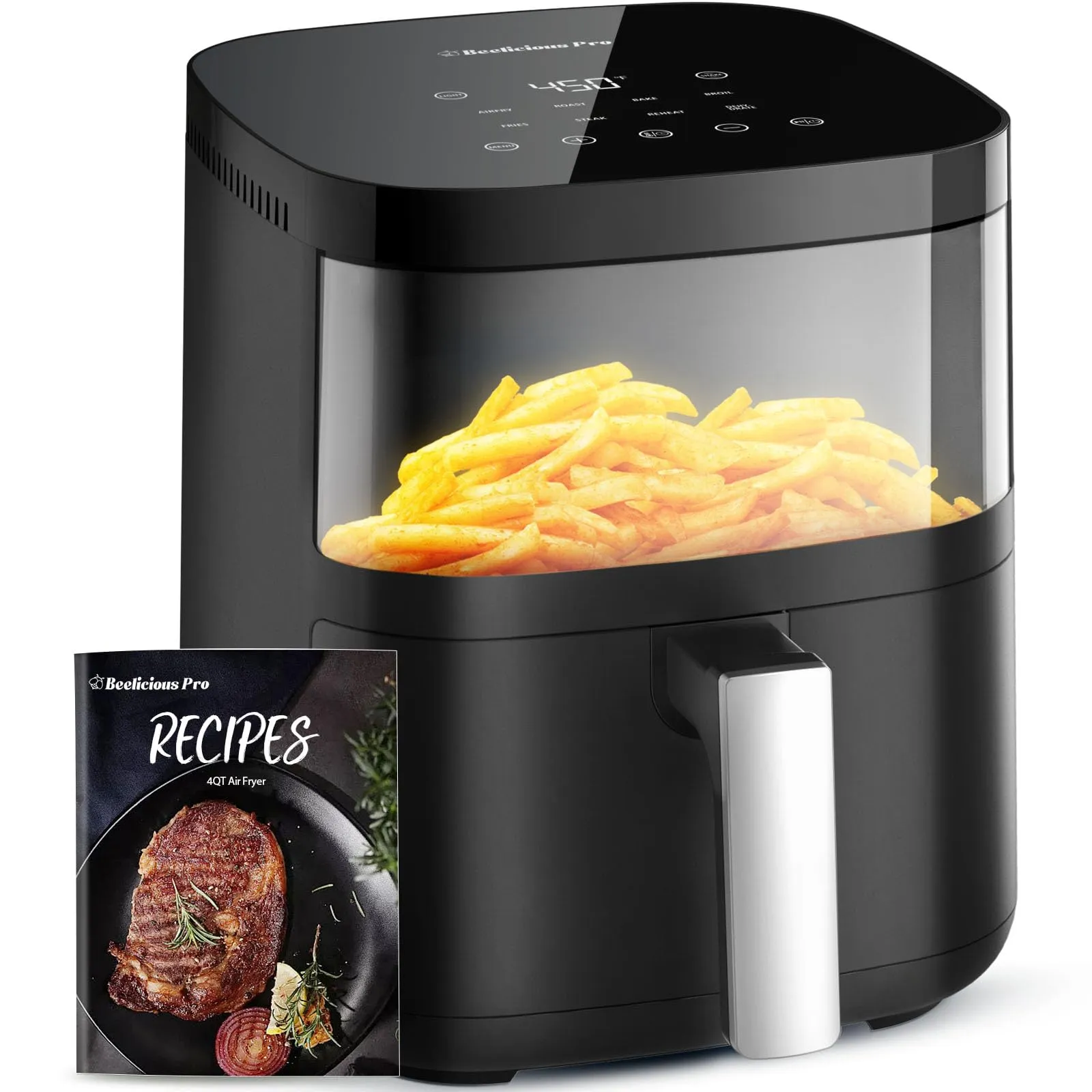 Beelicious® 8-in-1 Smart Compact 4QT Air Fryer with Viewing Window, Shake Reminder, Black