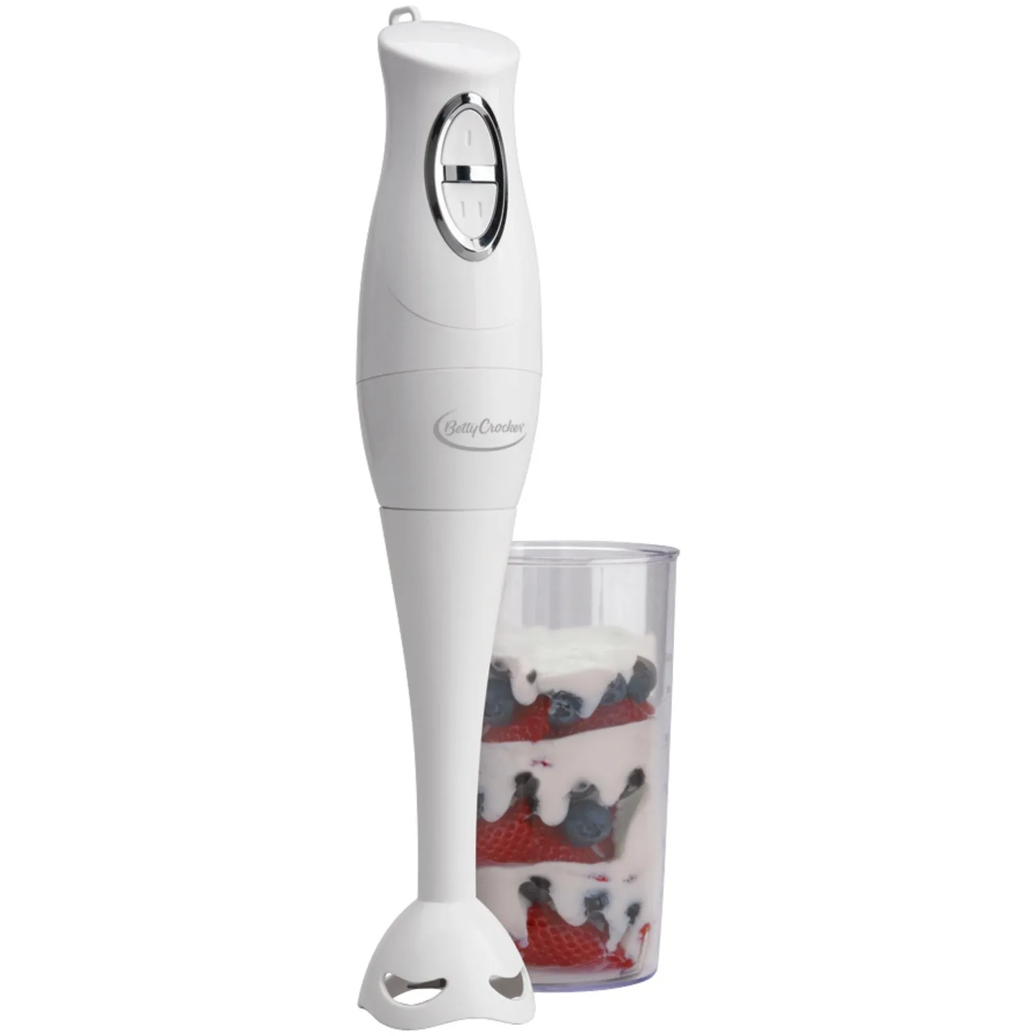 Betty Crocker Hand Blender with Beaker, 2-Speed, White, Ergonomic Design & Stainless Shaft