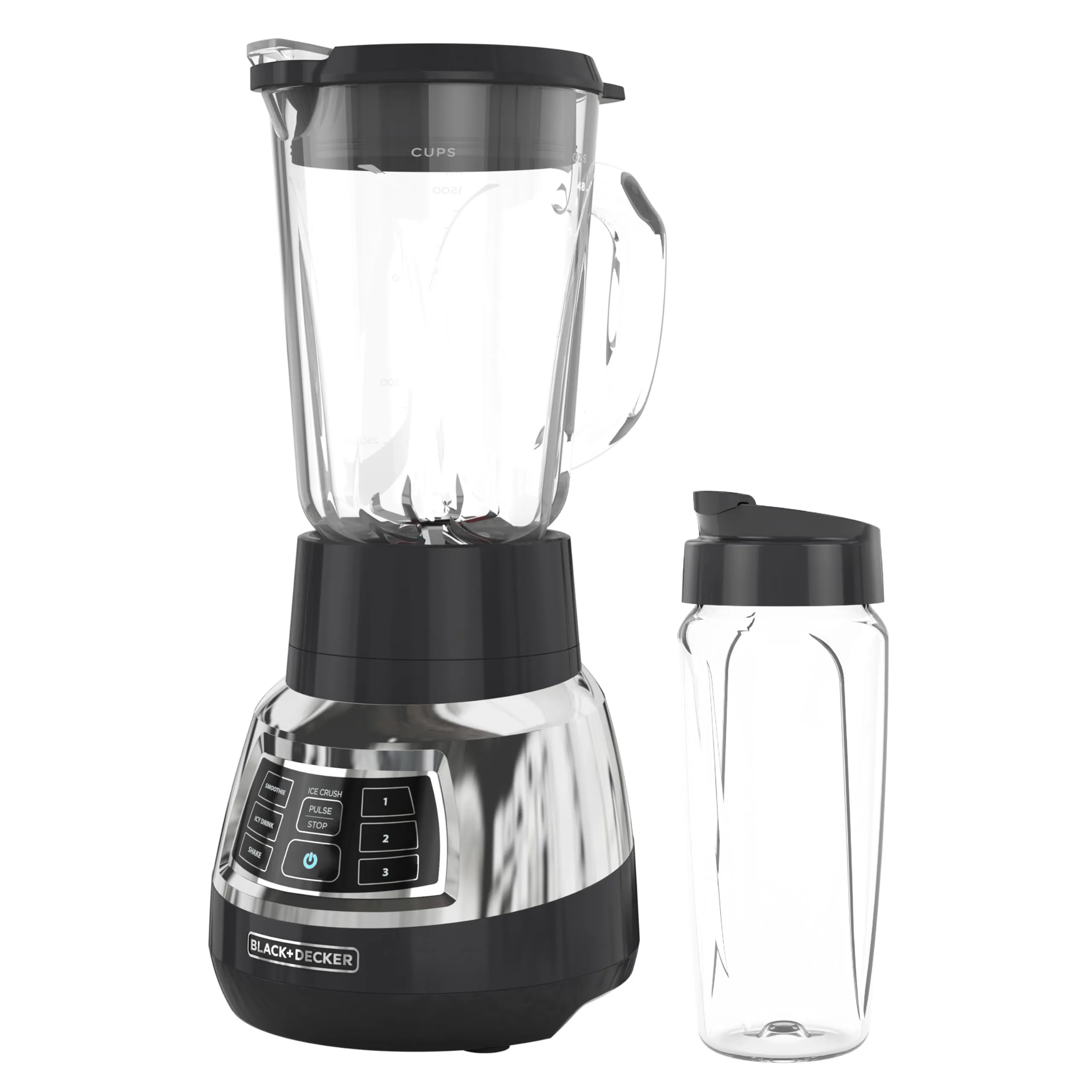 BLACK+DECKER BL1400DG-P Quiet Stainless Steel Blender with Cyclone Glass Cup, 24-oz. Tritan Jar