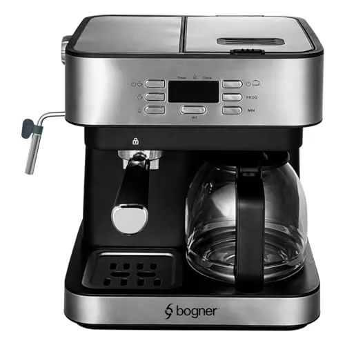 Bogner 2-in-1 Espresso & Drip Coffee Maker, 20 Bar Pressure, 12-Cup Capacity, Stainless Steel