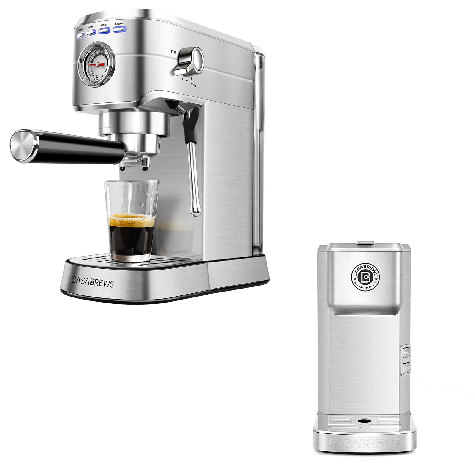 CASABREWS 20 Bar Espresso Machine, Stainless Steel Single Serve Coffee Maker, 2-in-1 Brewer