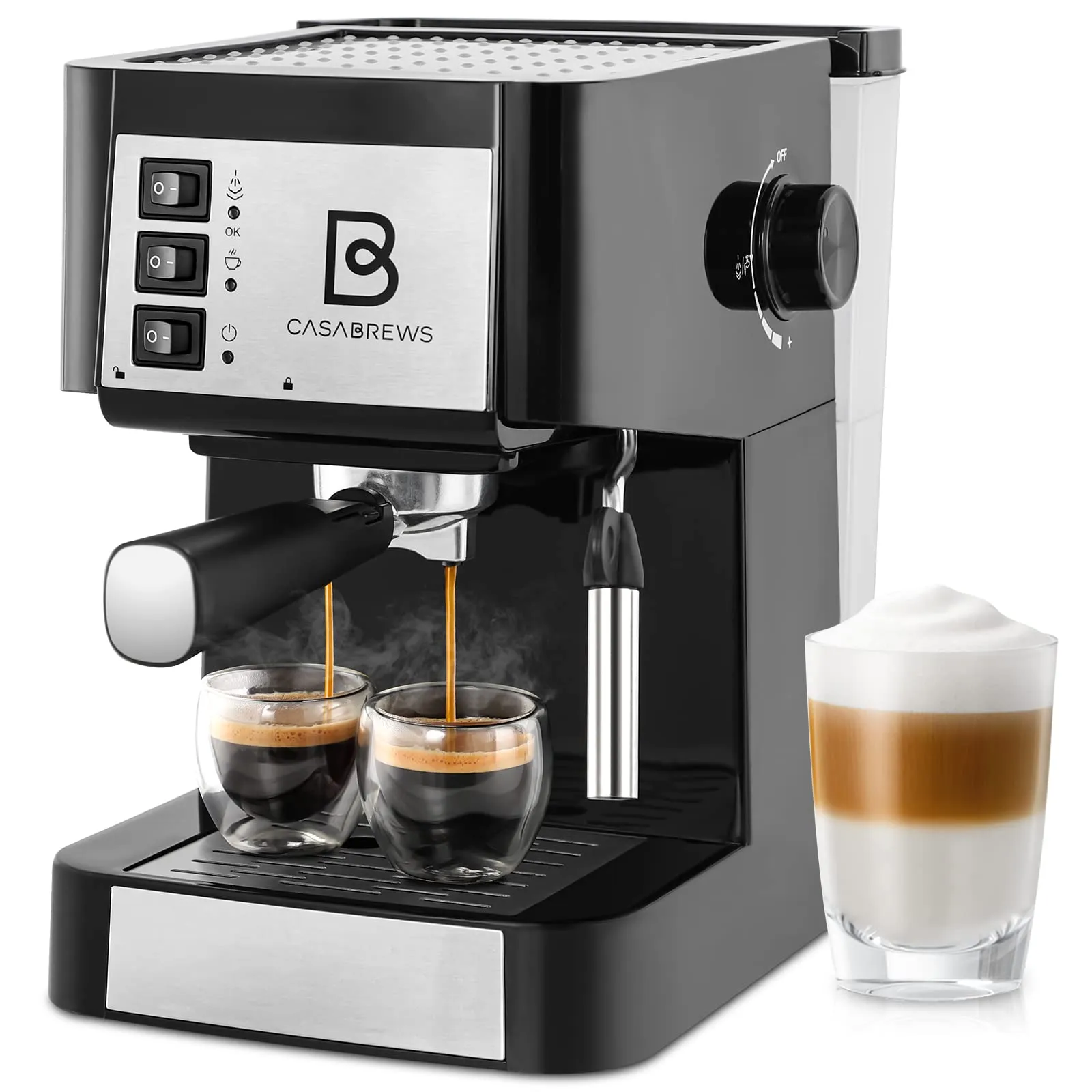 Casabrews Espresso Coffee Machine with Milk Frother and Detachable Tank, Black/Silver