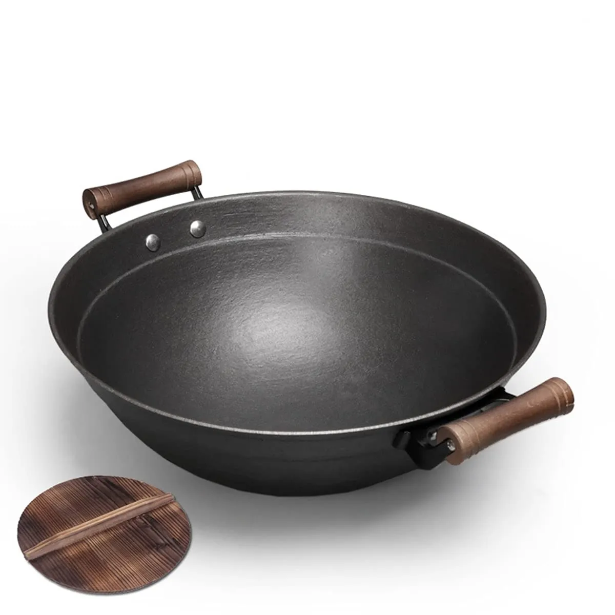 Cast Iron Wok 32CM Non-Stick Frying Pan with Wooden Lid, Traditional Double-Eared Design