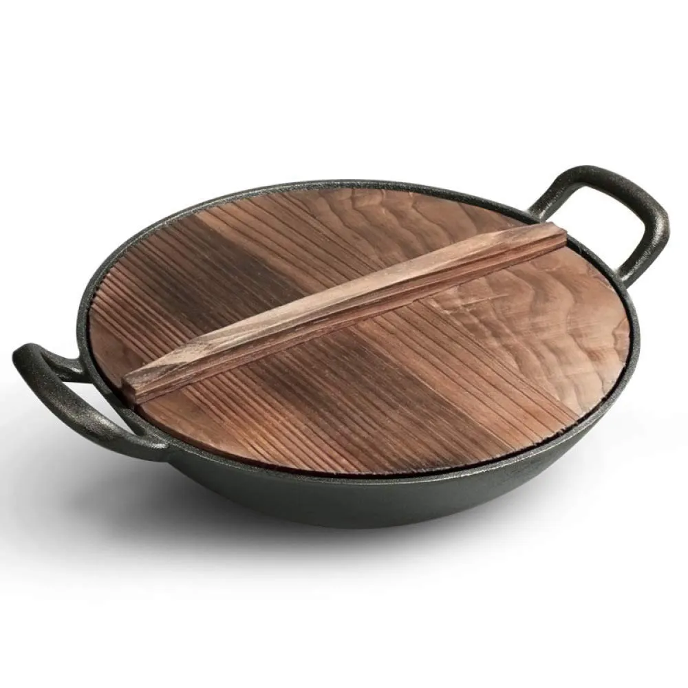 Cast Iron Wok Pan 36cm with Wooden Cover, Uncoated Thickened Non-Stick, Healthy Cookware