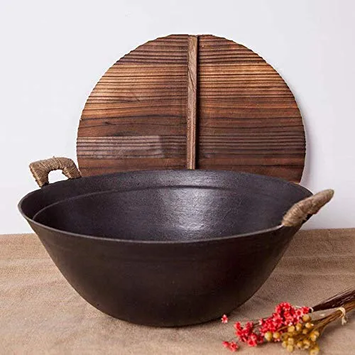 Cast Iron Wok Pan 40cm - Double-Ear Design, Non-Stick Iron, Anti-Scalding Handle, Multi-Purpose