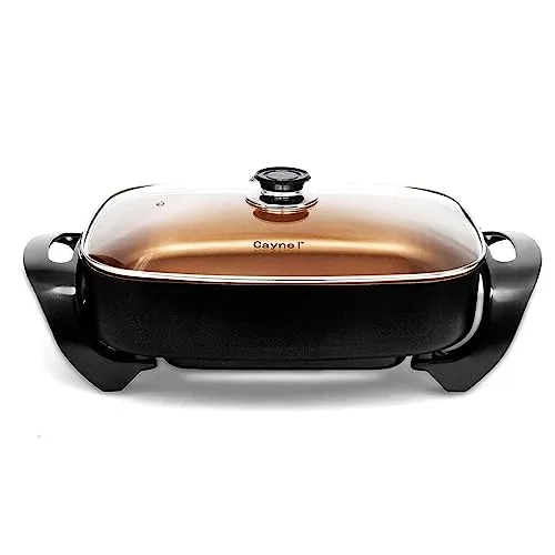 Caynel Jumbo Non-stick Copper Electric Skillet 16'x12', 8 Quart with Tempered Glass Lid