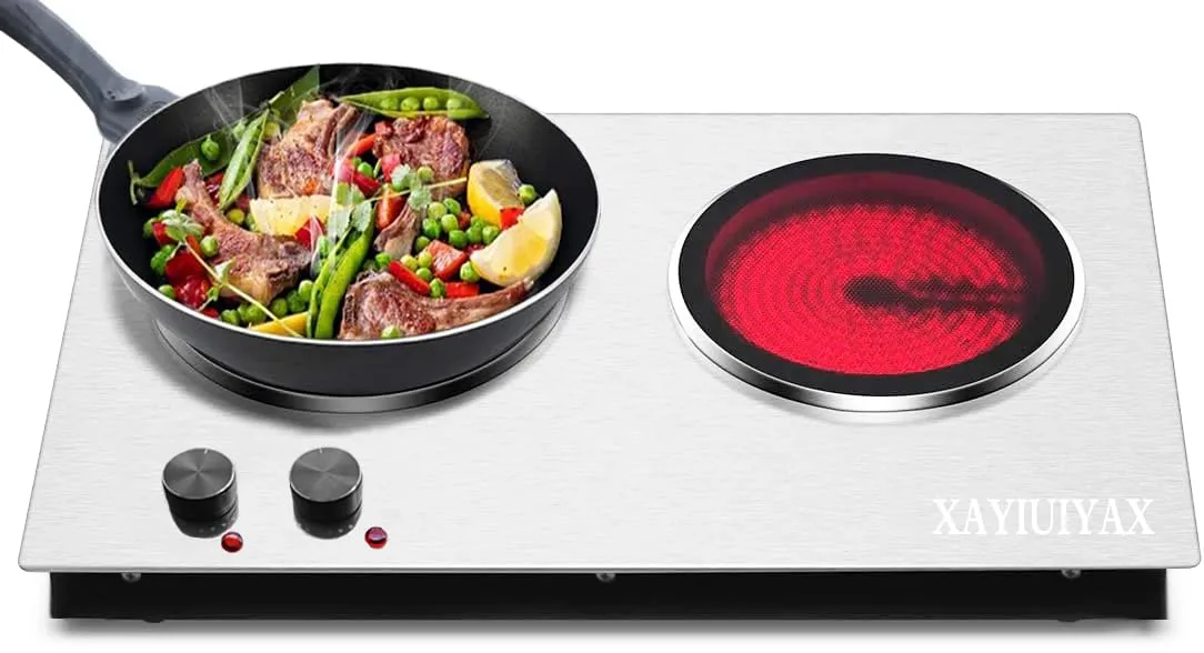 Ceramic Electric Hot Plate, Dual Infrared Cooktop, 1800W Portable Countertop Burner, Silver