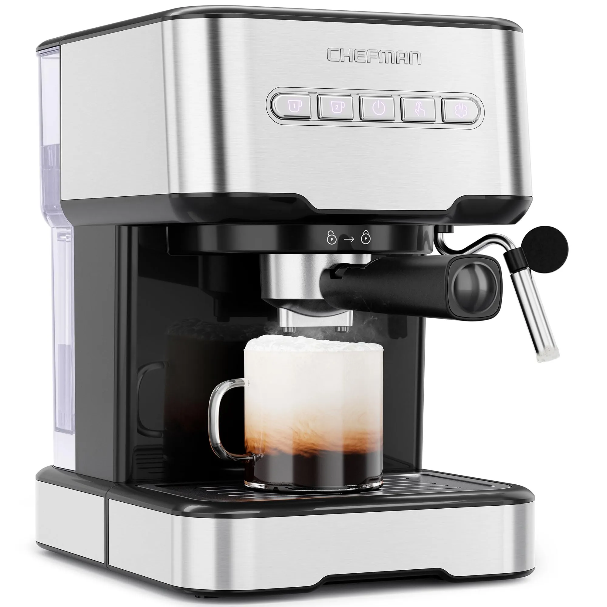 Chefman 6-in-1 Espresso Machine with Steamer, 15 BAR Pump, Stainless Steel, One-Touch Brew