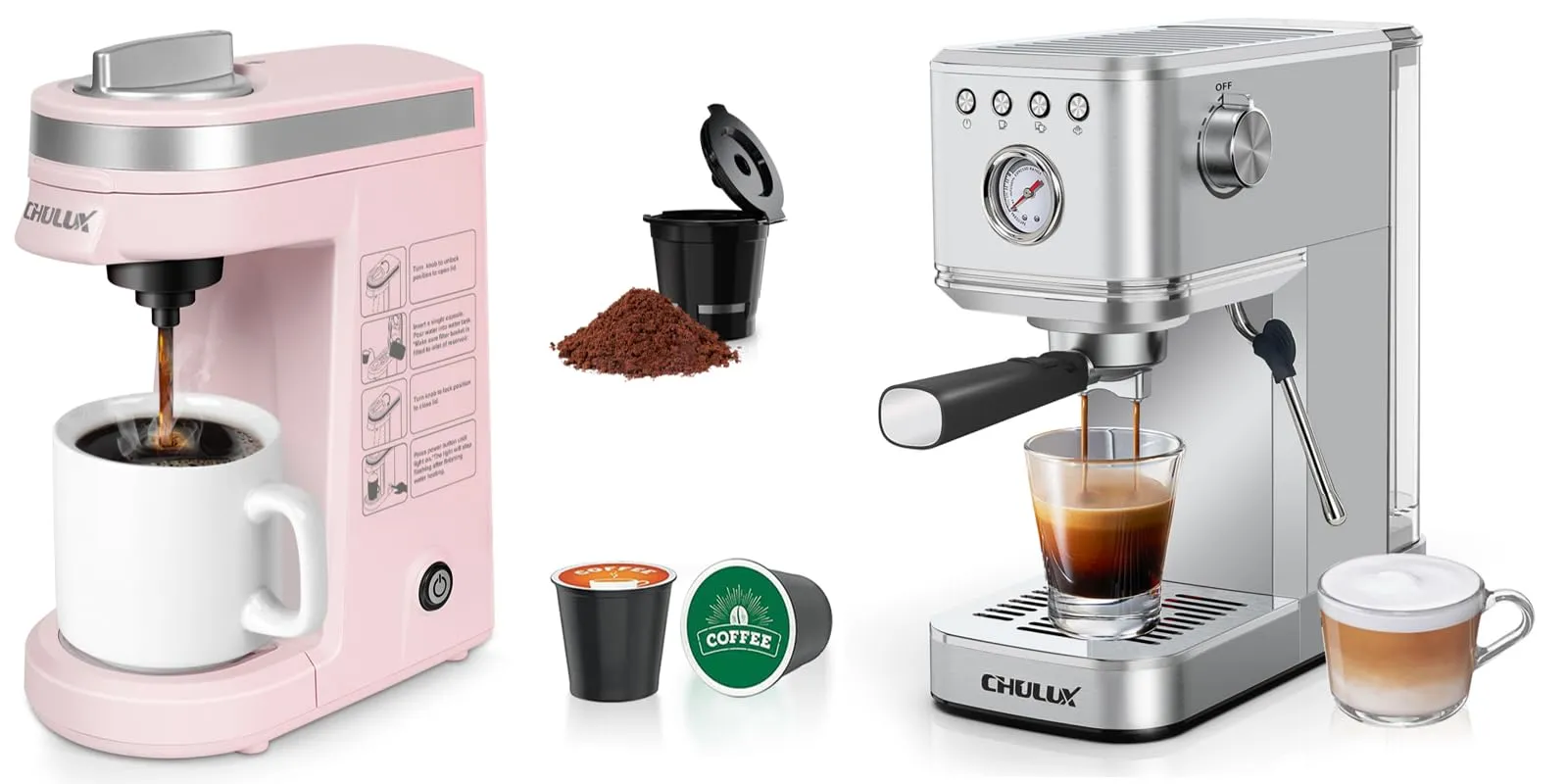 CHULUX Pink Single Serve Coffee Maker with 20-Bar Espresso Machine and Milk Frother