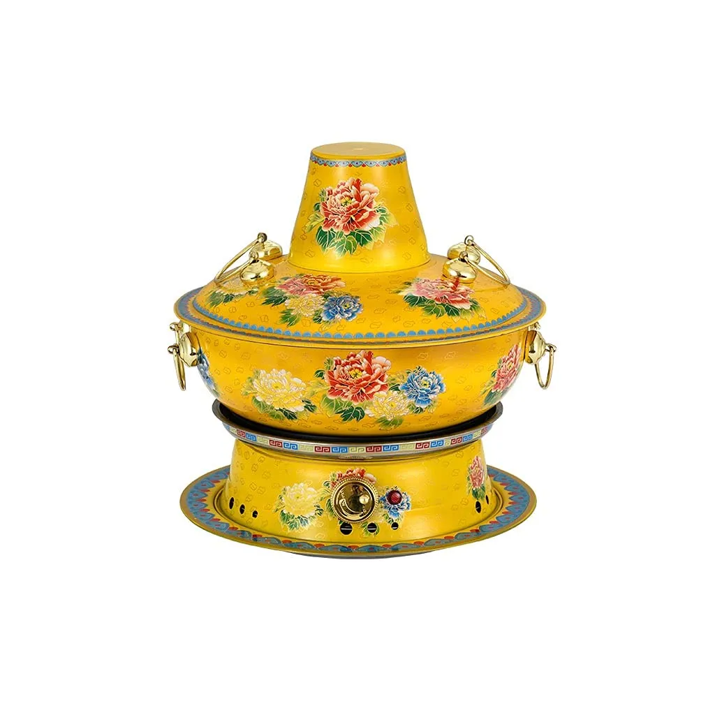 Cloisonne Copper Hot Pot 32cm, Dual-Purpose Electric & Charcoal, Non-Stick, Yellow, ECVYGJ