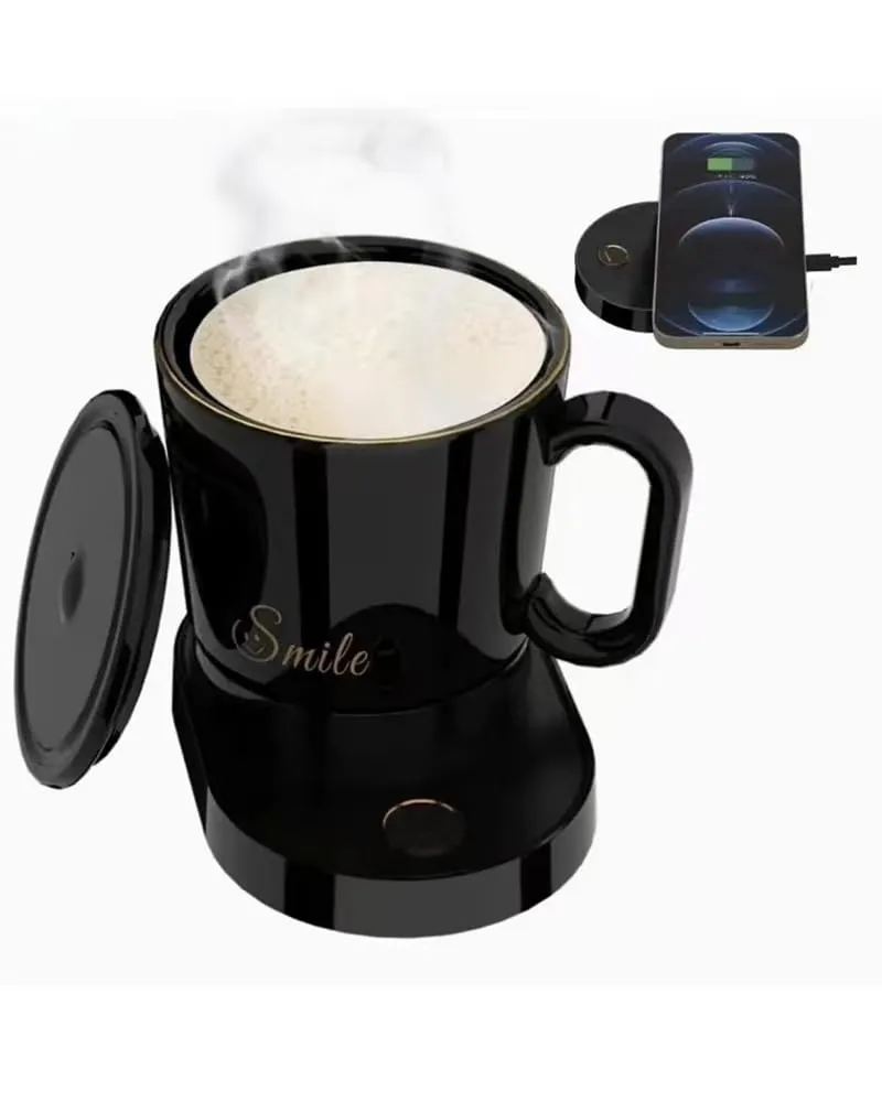 Coffee Cup Heater with Self-Stirring, Temperature Control 131℉, 10.5oz Insulated Cup, Black