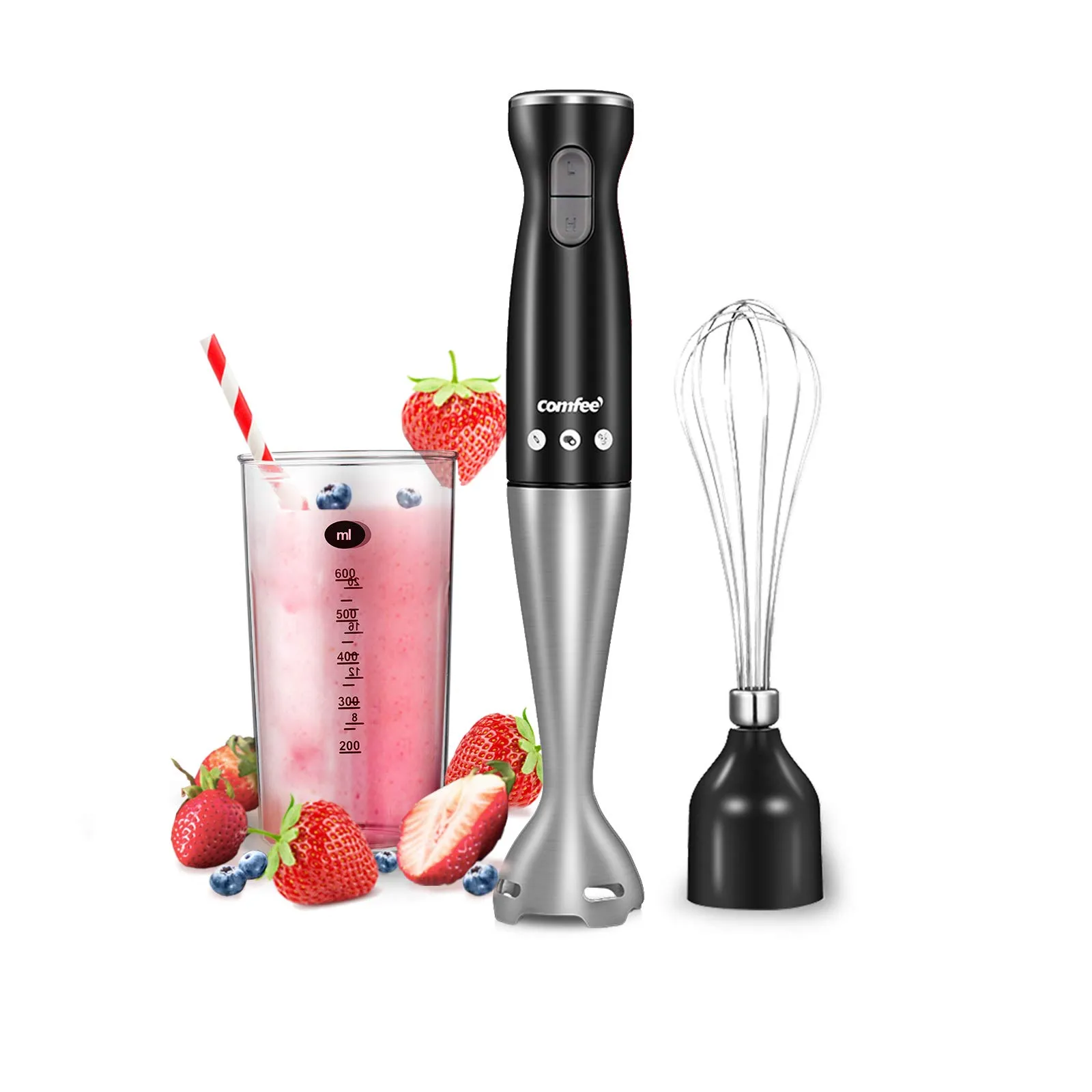 COMFEE' Immersion Hand Blender, 200 Watts, 2-Speed, Stainless Steel, 600ml Beaker, Black