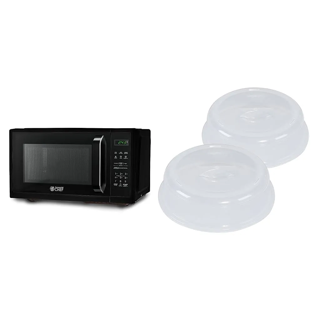 COMMERCIAL CHEF 0.9 Cu. Ft. Microwave & 10-Inch BPA-Free Splatter Cover, Black, Powerful & Compact