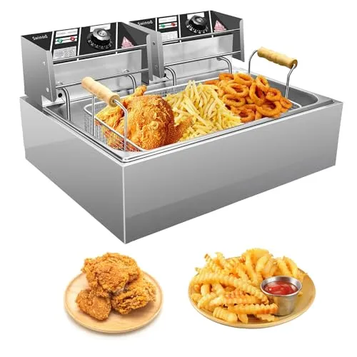 Commercial Deep Fryer with Basket, 12L Large Capacity Stainless Steel, Temperature Control, Swinod