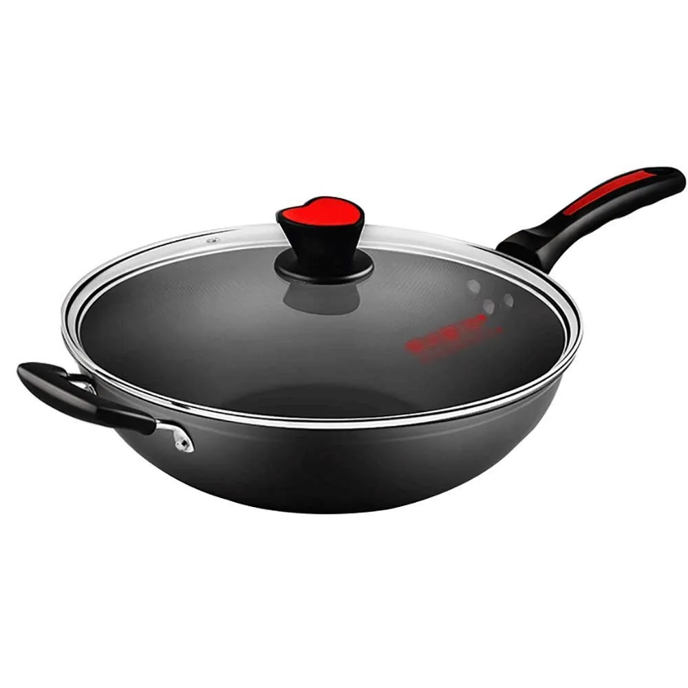 Contemporary Hard-Anodized Aluminum Nonstick Wok, Small & Large, Ergonomic Handle, Black