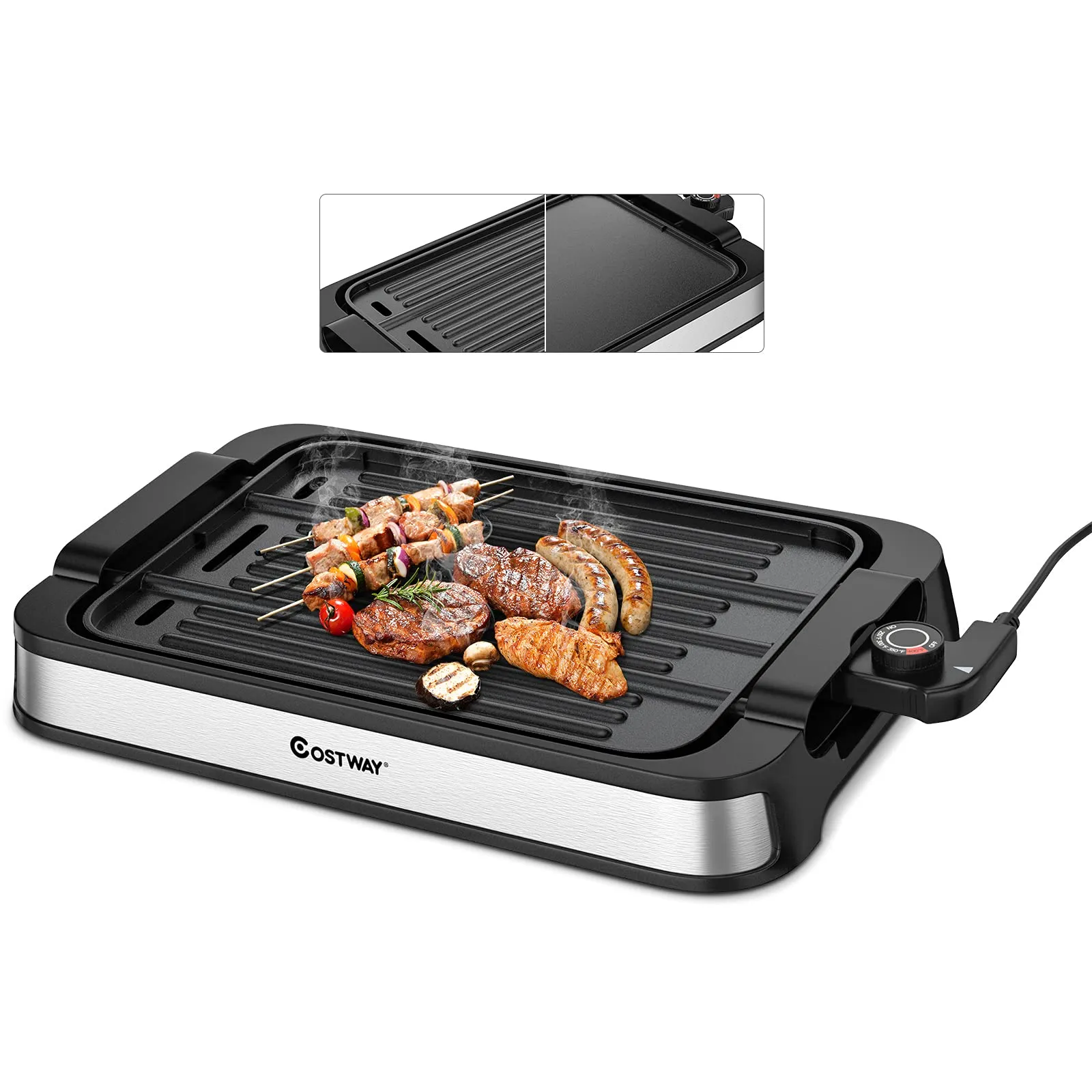 COSTWAY 2-in-1 Smokeless Indoor Grill, 1500W Electric Griddle with Non-stick Reversible Plate