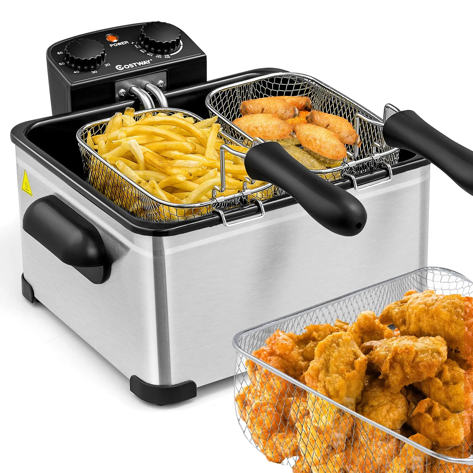 COSTWAY 5.3Qt Stainless Steel Deep Fryer with 3 Baskets, Adjustable Temperature, Timer, Lid