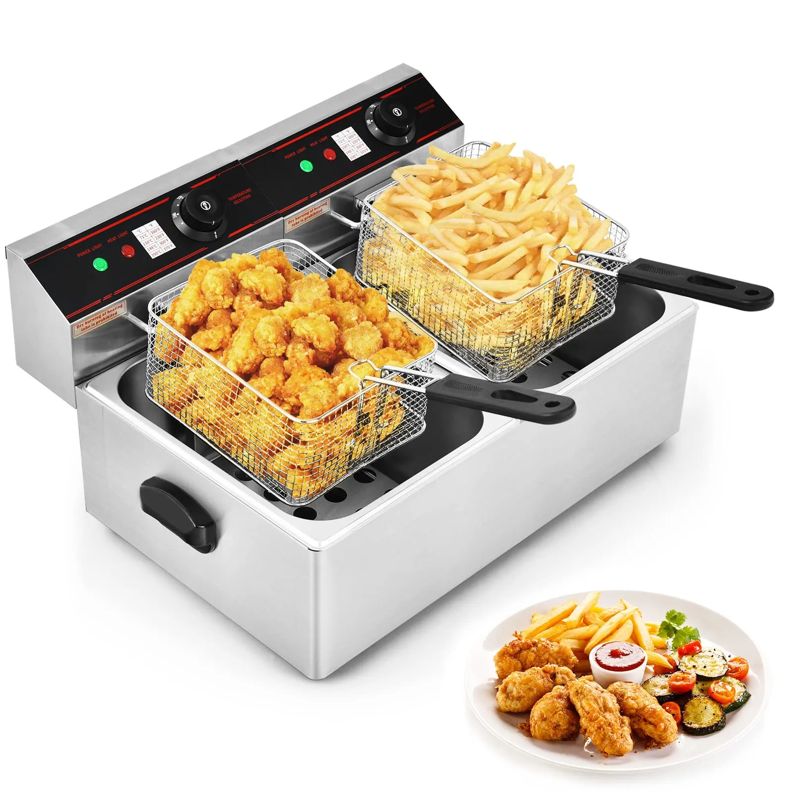 COSTWAY 5000W Commercial Deep Fryer with Dual Tanks, 2 Baskets & Adjustable Temp Control