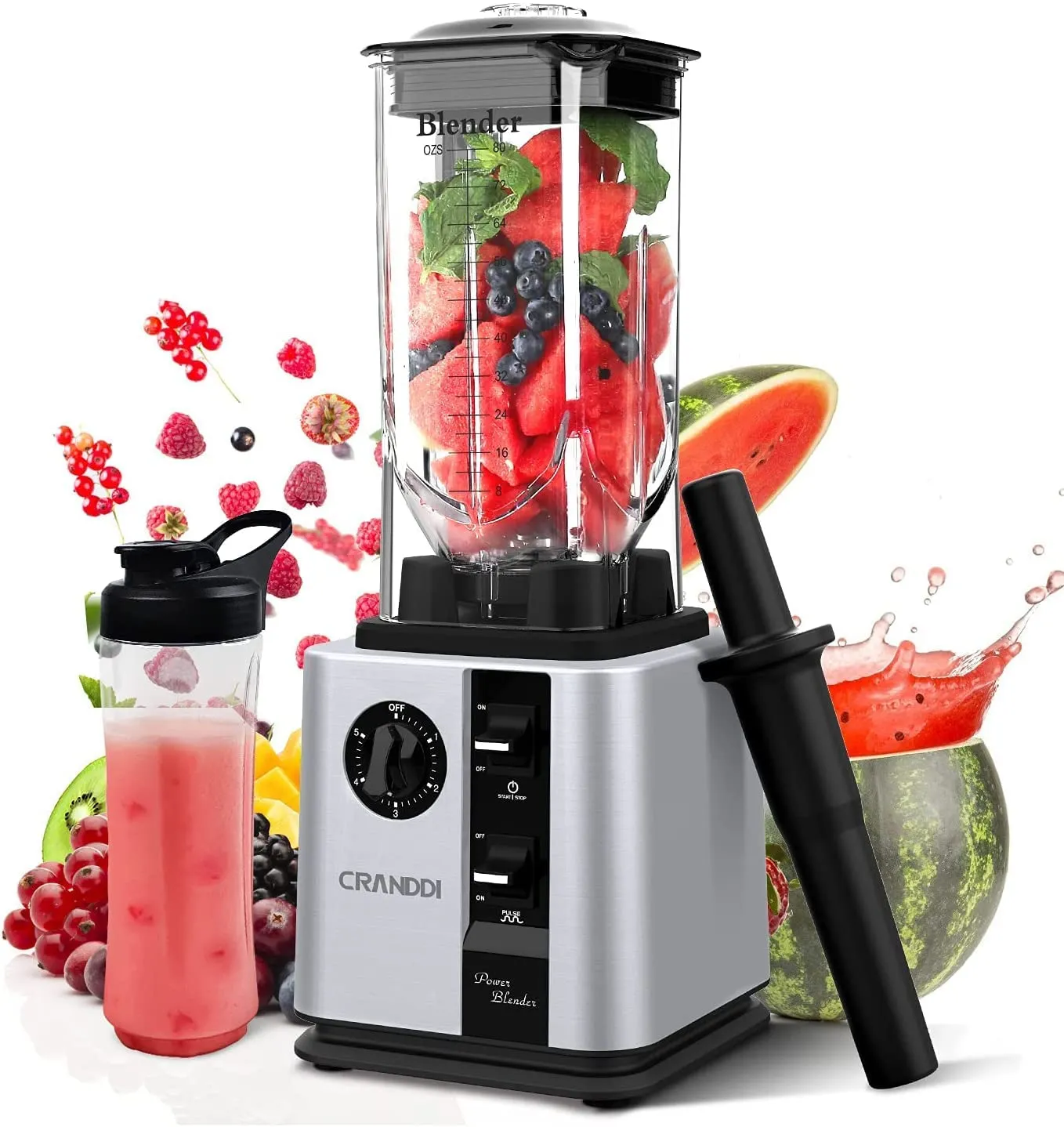 CRANDDI 1800W Commercial Blender, 80oz High-Speed Countertop with Tamper & 20oz Cup, Silver