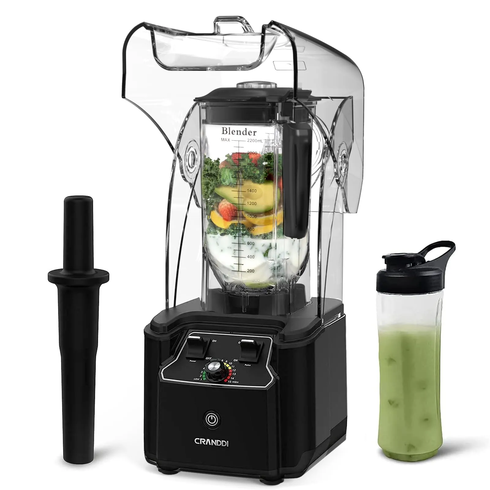 CRANDDI 2200W Commercial Quiet Blender, 80oz BPA-Free Pitcher, 15-Speed Control, K90 Black