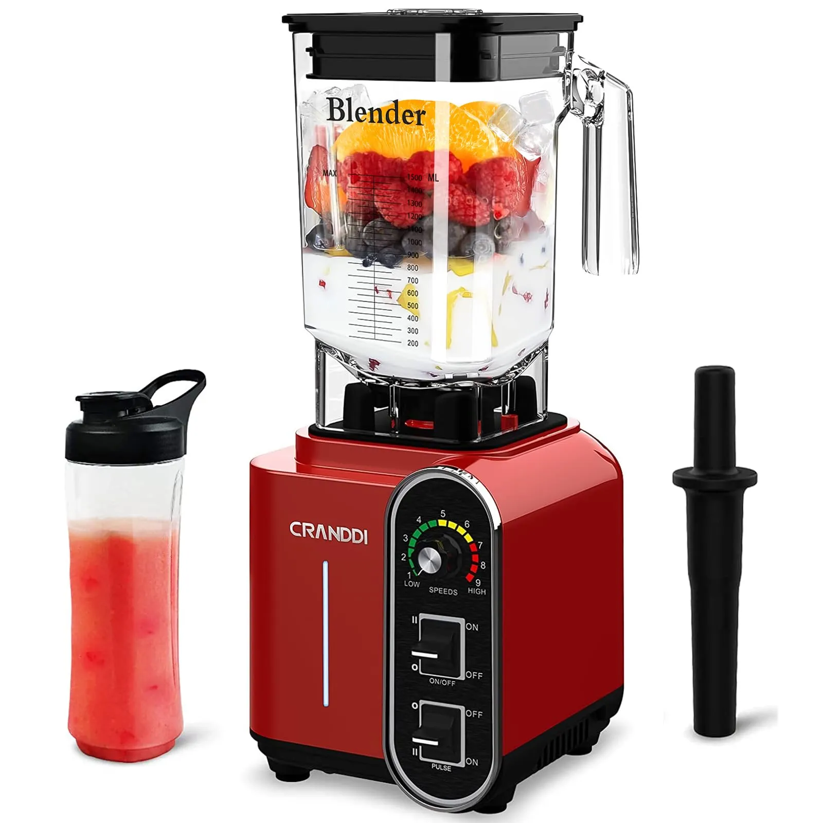 CRANDDI 52oz Smoothie Blender, 1800W Commercial Kitchen Blender, Stainless Steel Blade, Red