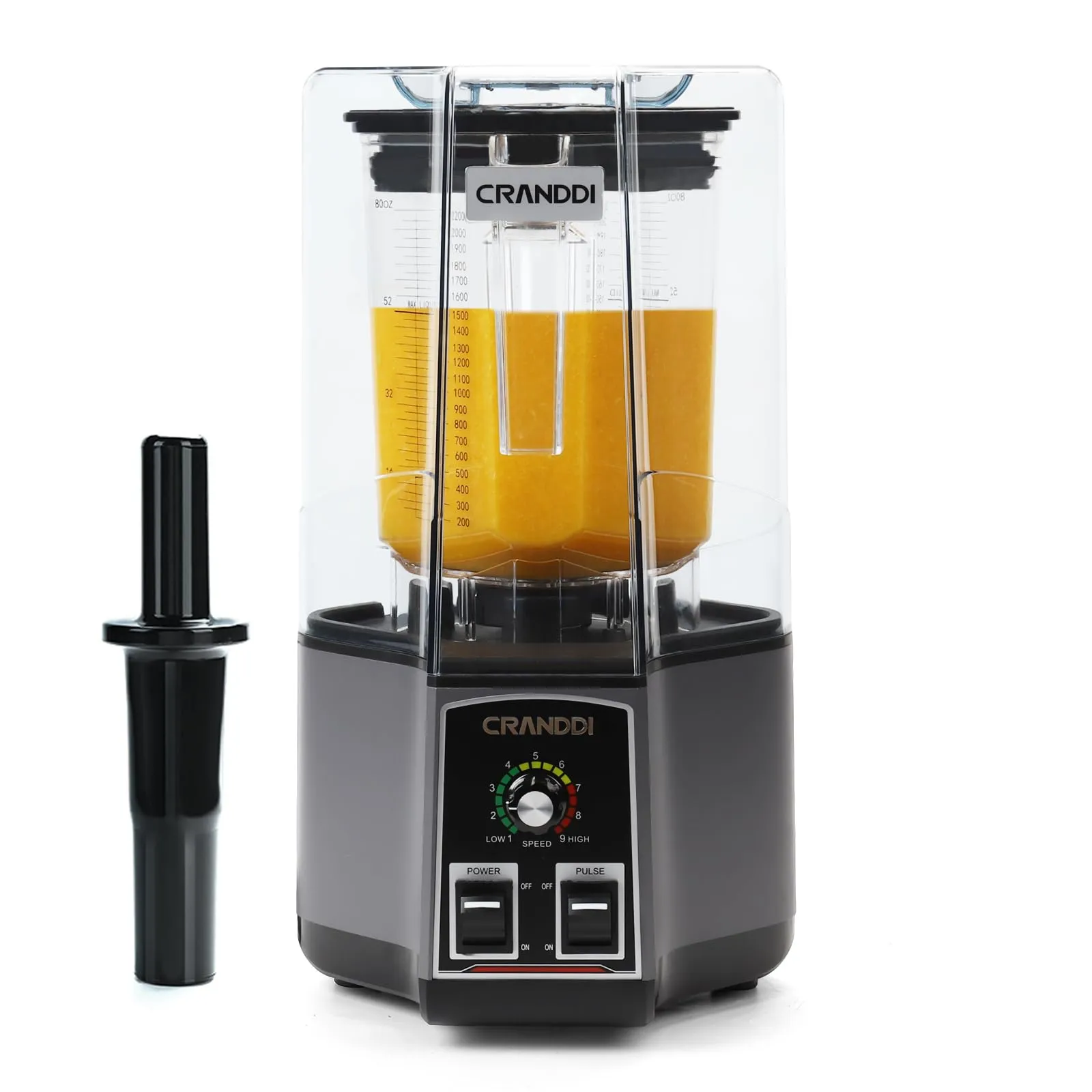 CRANDDI Commercial Blender K85 - 80oz Capacity, 1500W, Removable Soundproof Cover, Grey