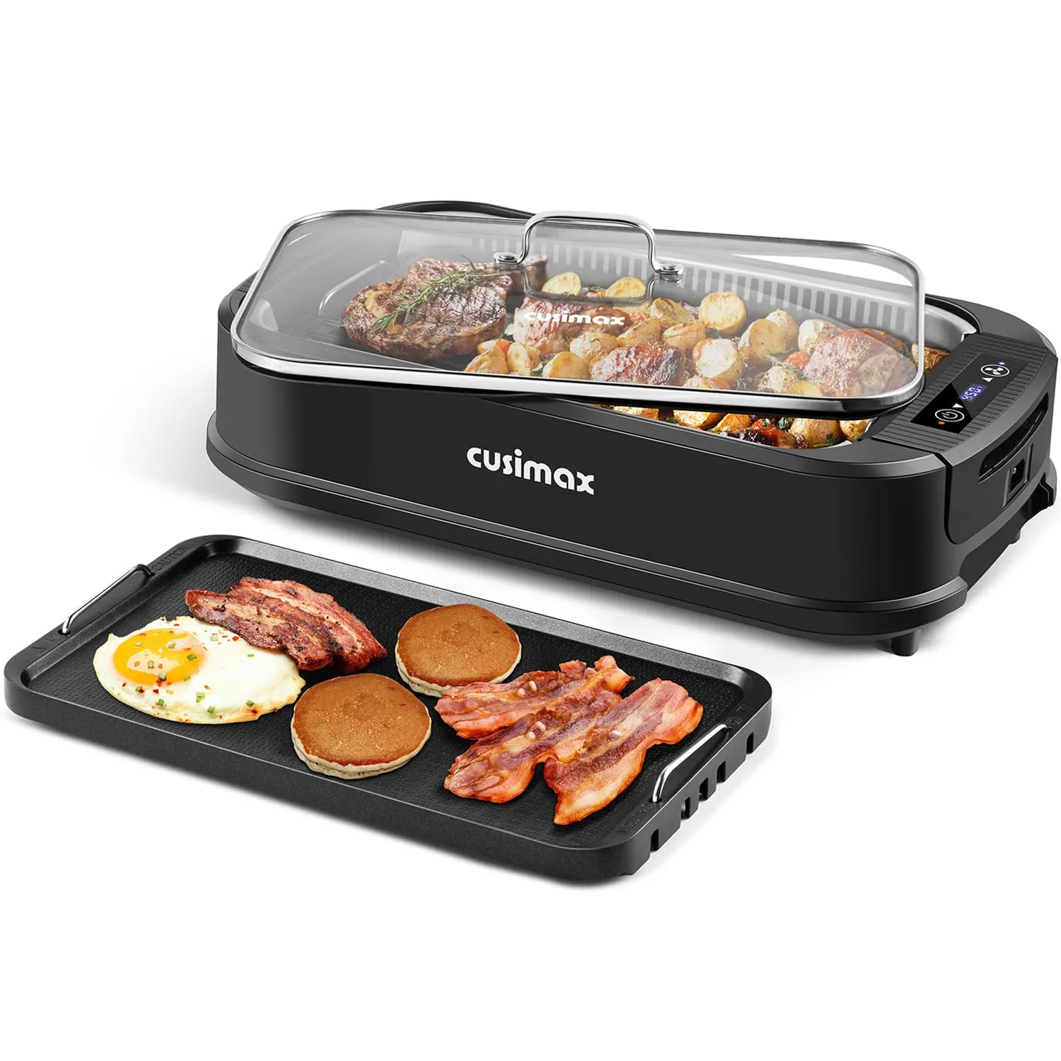 CUSIMAX 1500W Electric Smokeless Grill & Griddle with LED Display, Non-Stick Plate, Black