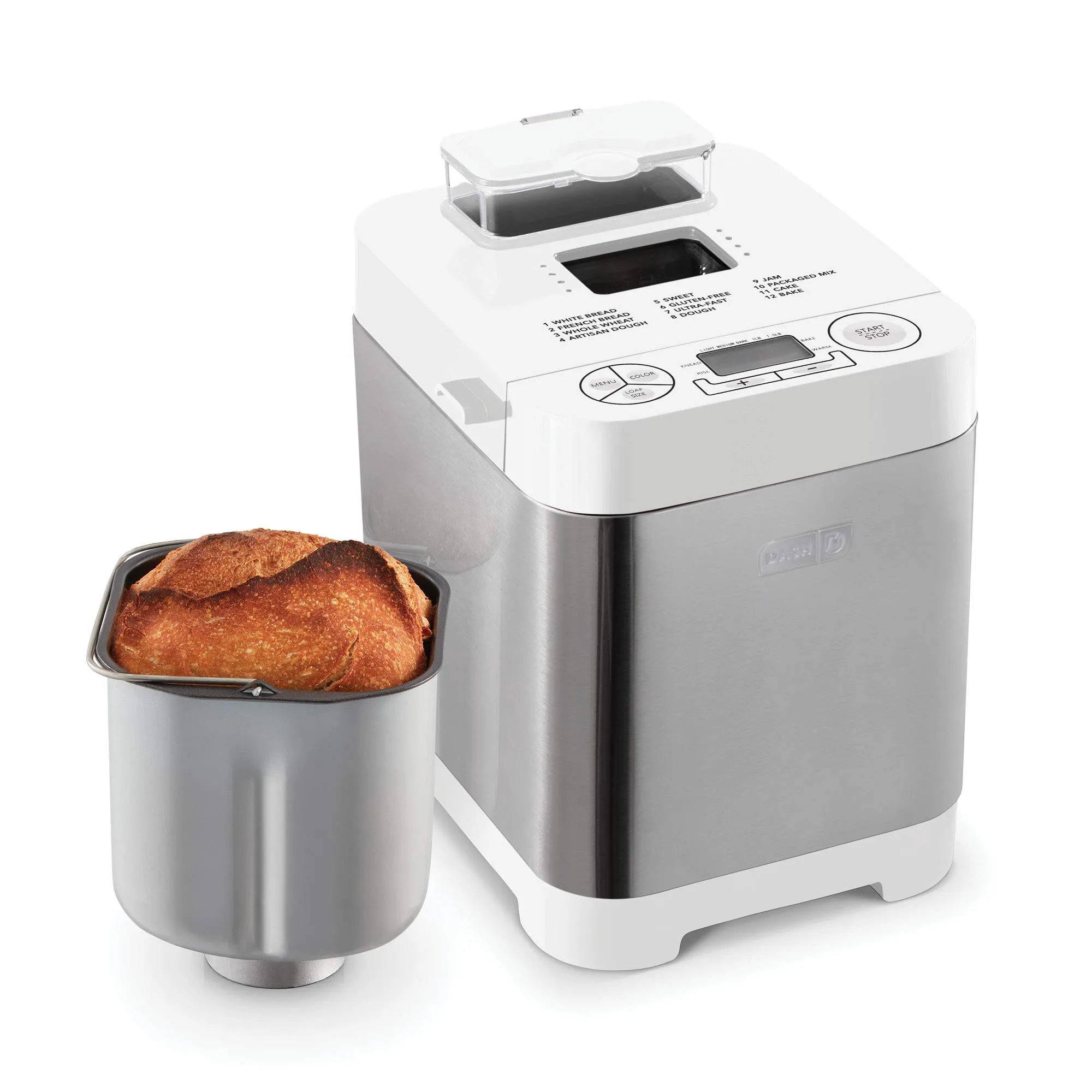 Dash Everyday Stainless Steel Bread Maker, 1.5lb, Programmable, 12 Settings, Gluten Free, White