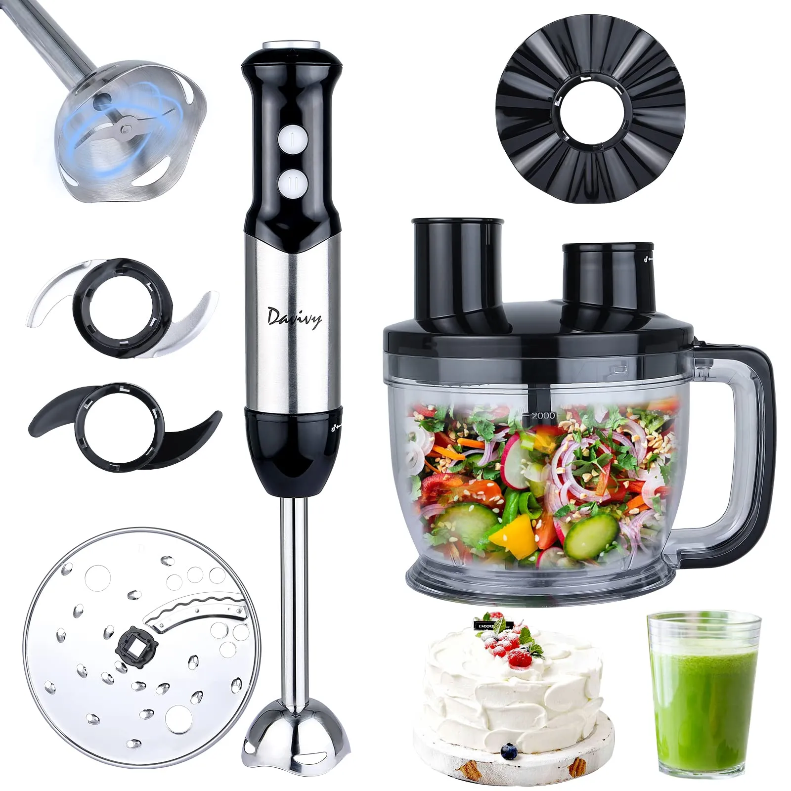 Davivy 6-in-1 Immersion Blender Combo, 8-Cup Food Processor, Stainless Steel, Stepless Control