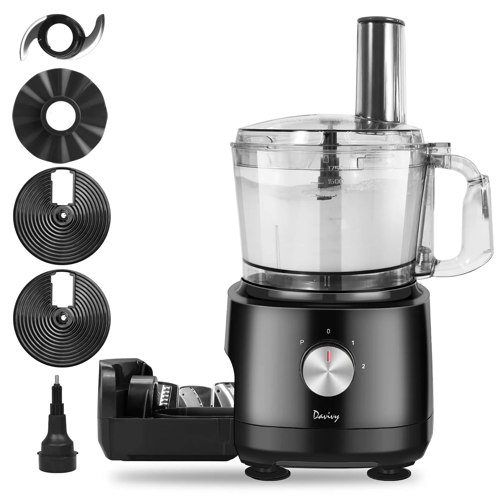 Davivy 7-Cup Food Processor with 10 Functions, Built-in Drawer, 600W, 3-Speed, Black