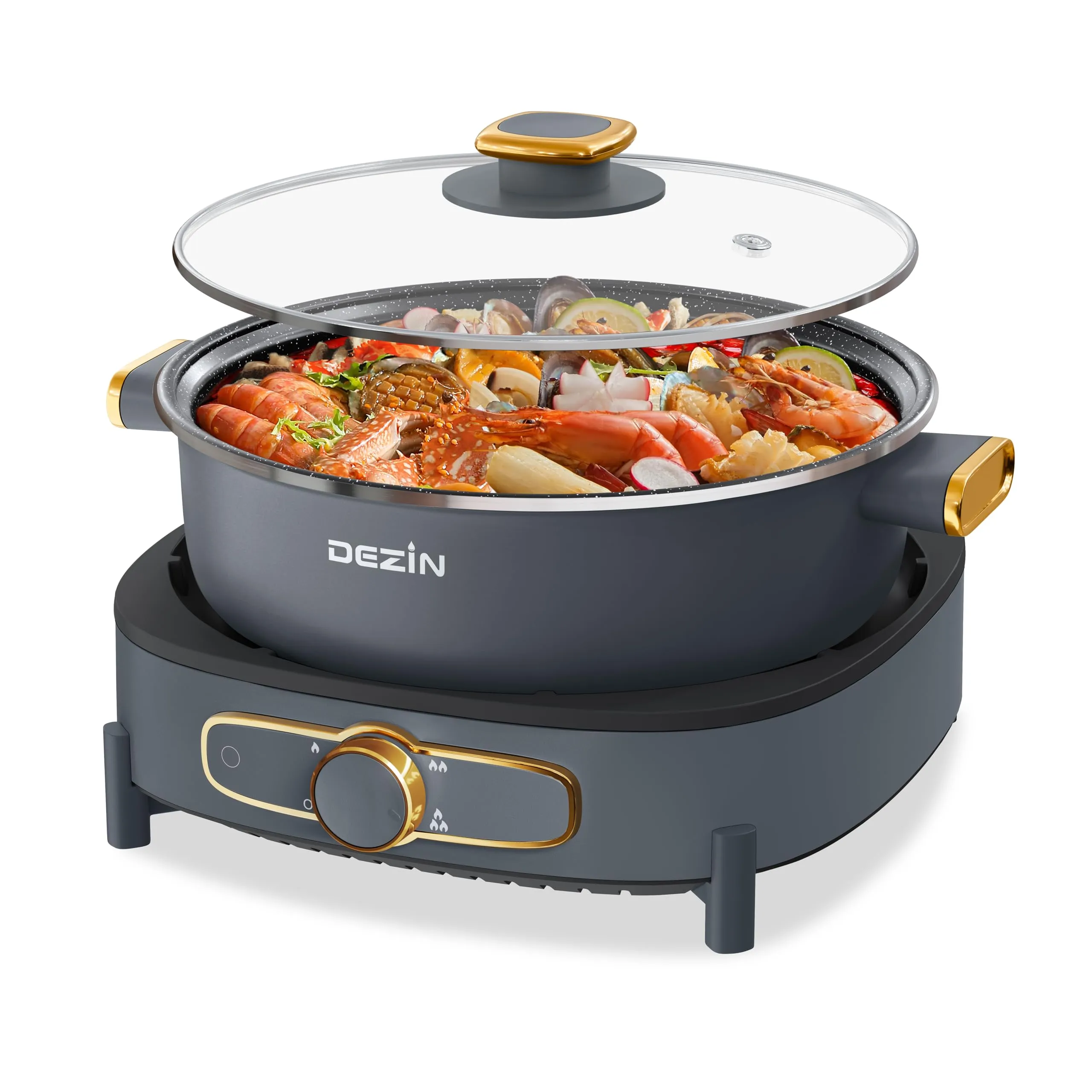 Dezin 5L Electric Shabu Shabu Pot with Non-Stick Coating, Multi-Power Control & Glass Lid