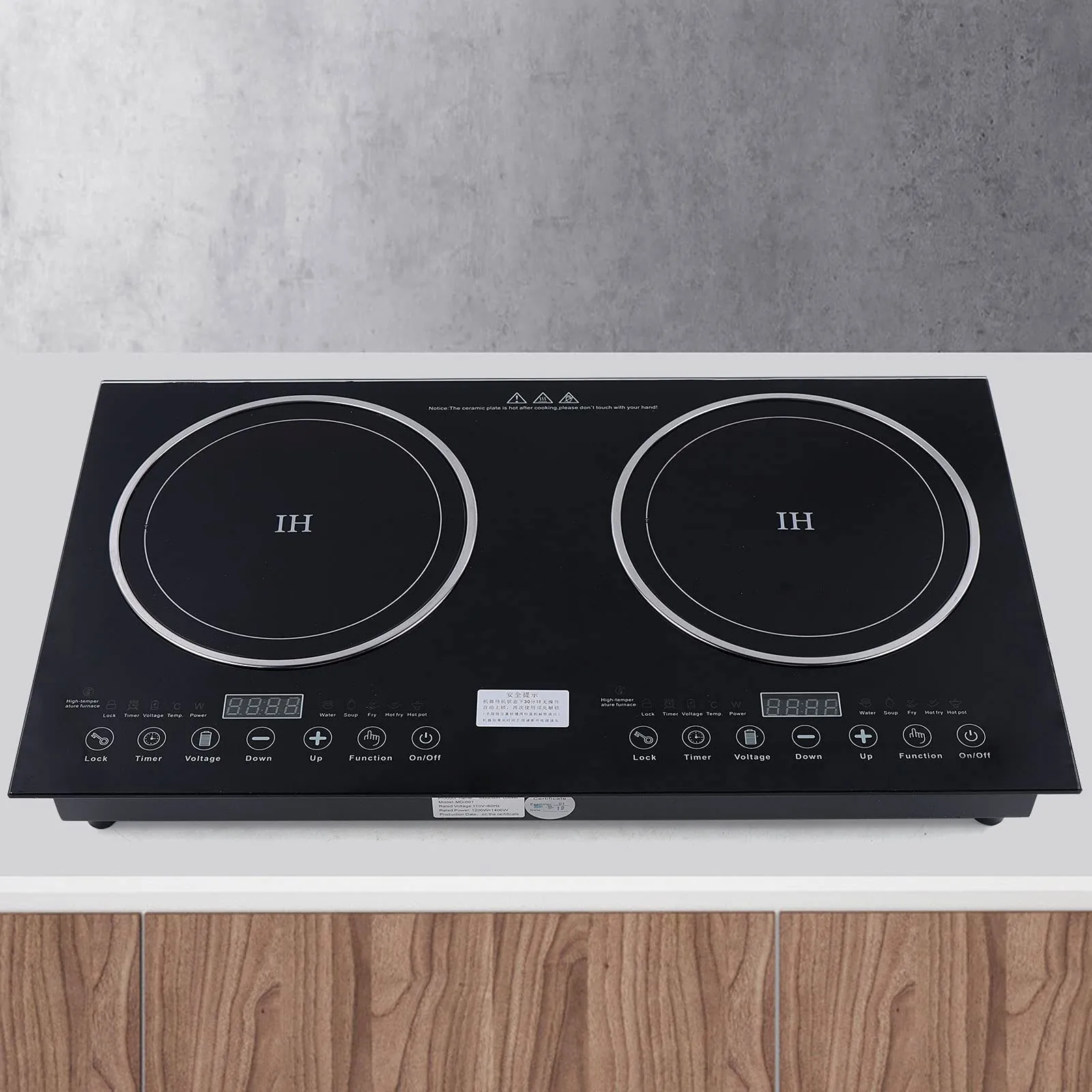 Double-Head Induction Cooktop 1200W + 1400W Ceramic Burner, Touch Control Black Crystal Panel