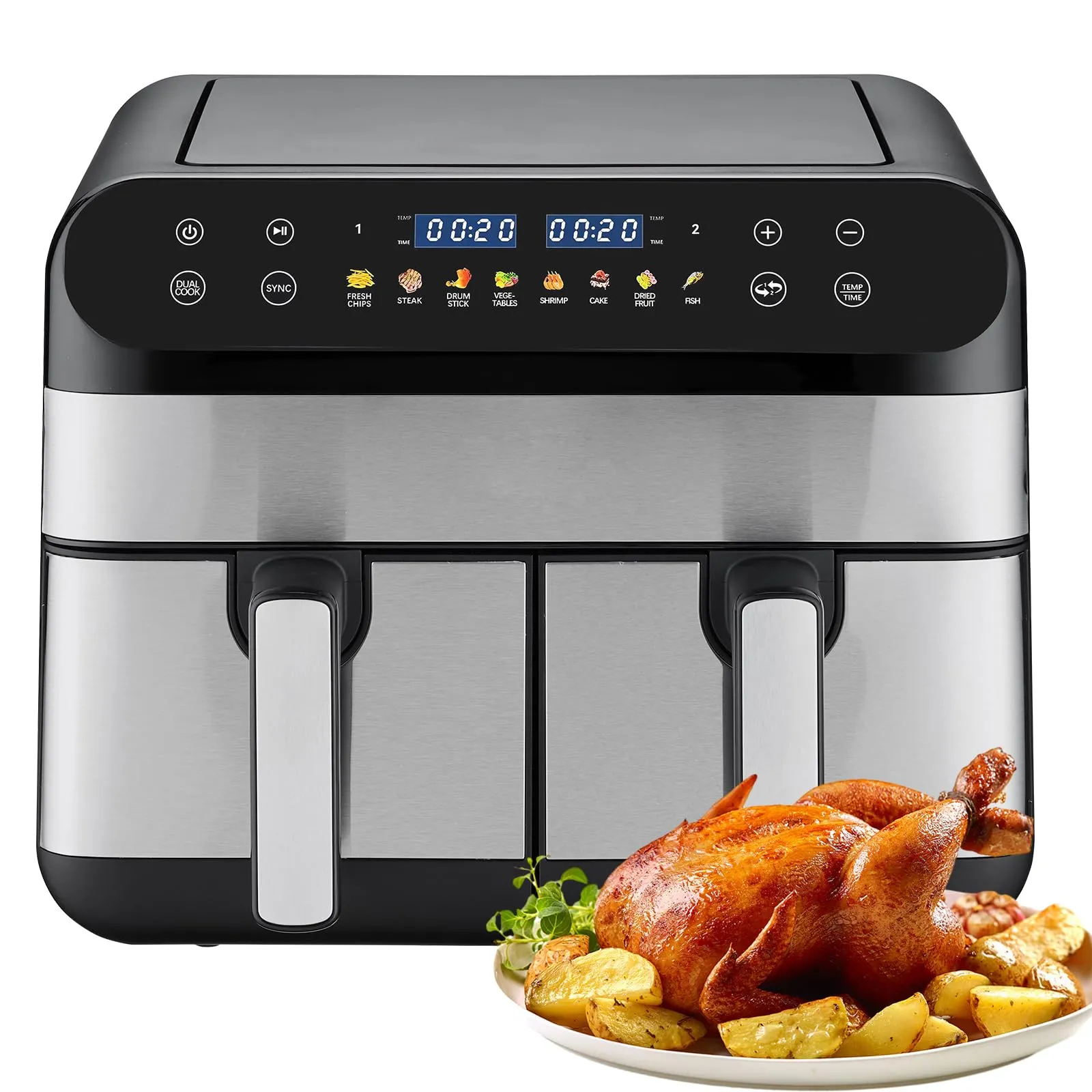 Double Air Fryer 9.5QT with Dual Independent Baskets for Healthy Oil-Free Cooking